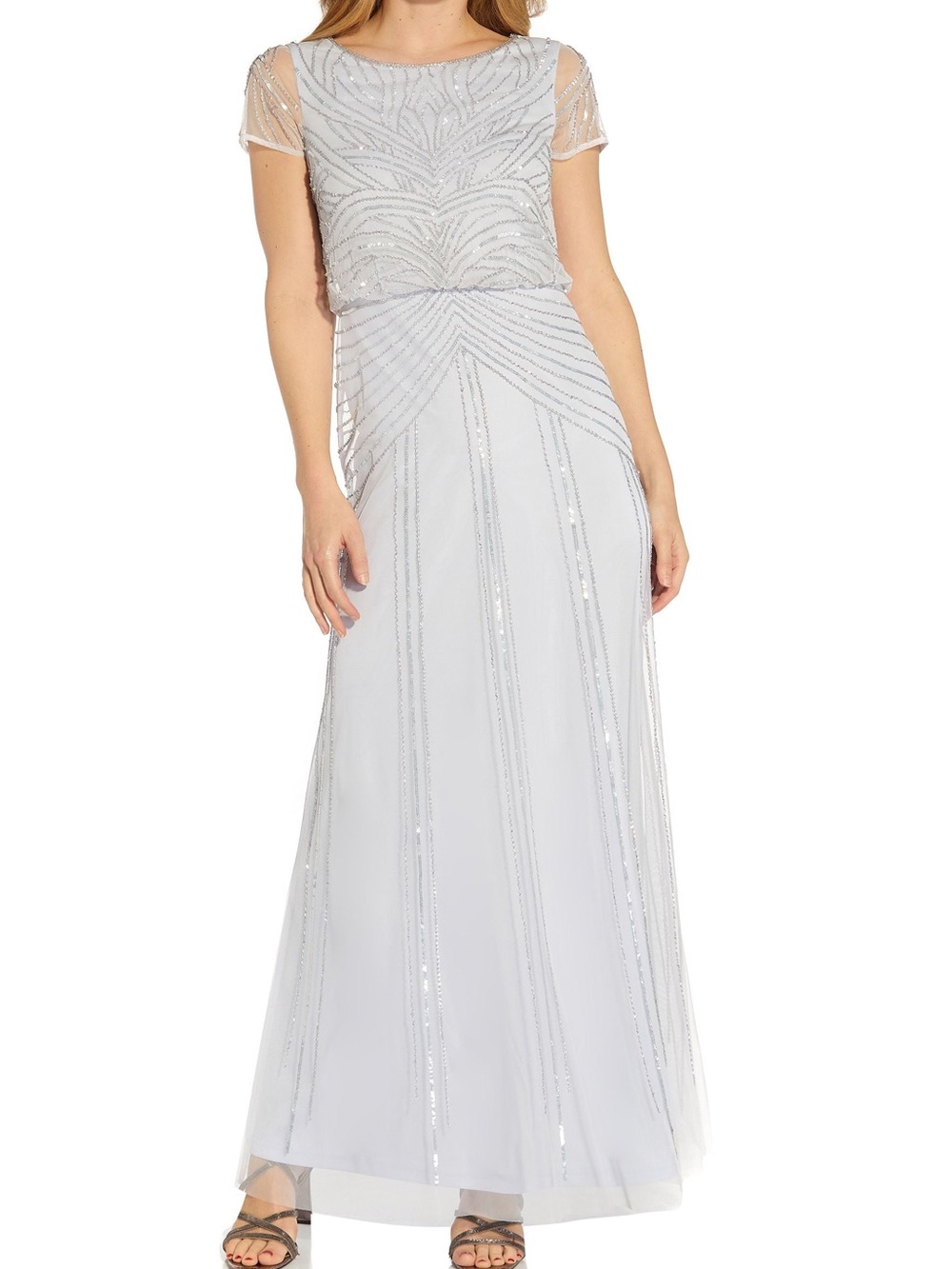 Adrianna Papell Bateau Neck Back Zipper Short Sleeves Long Gown Sz 16